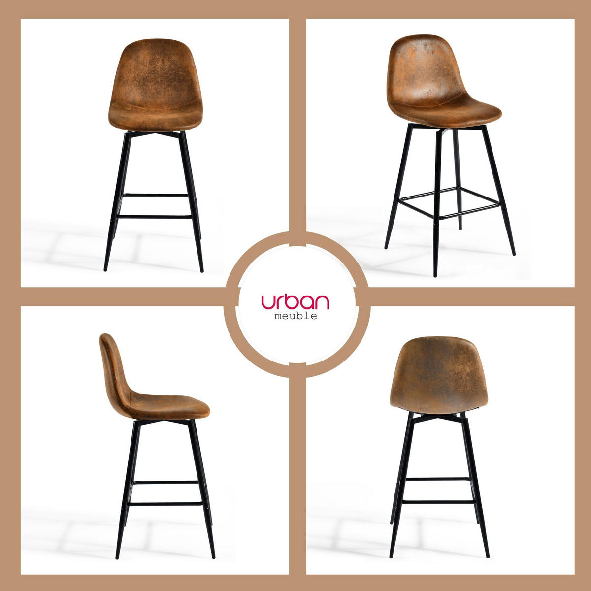 BARHOCKER Drehbare 2er-Set H67 CM - Schwarz/Braun, Textil/Metall (42/97/47cm) - Urban Meuble