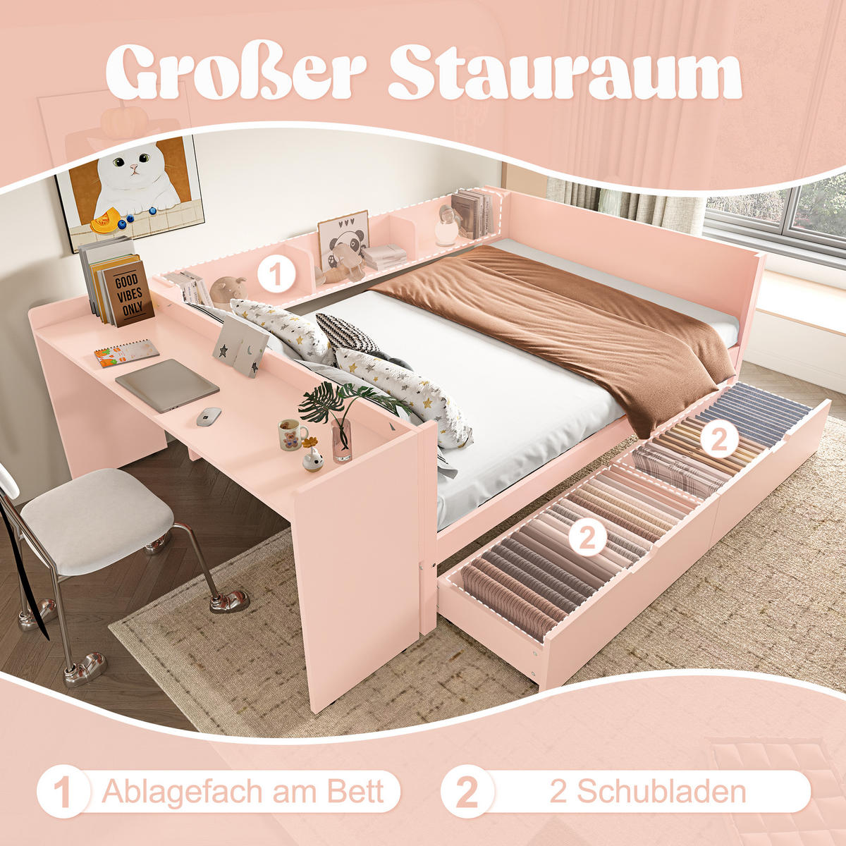 BETT 140x200 cm Tisch Schubladen rosa - Rosa, Holz (140/200cm) - Fortuna Lai