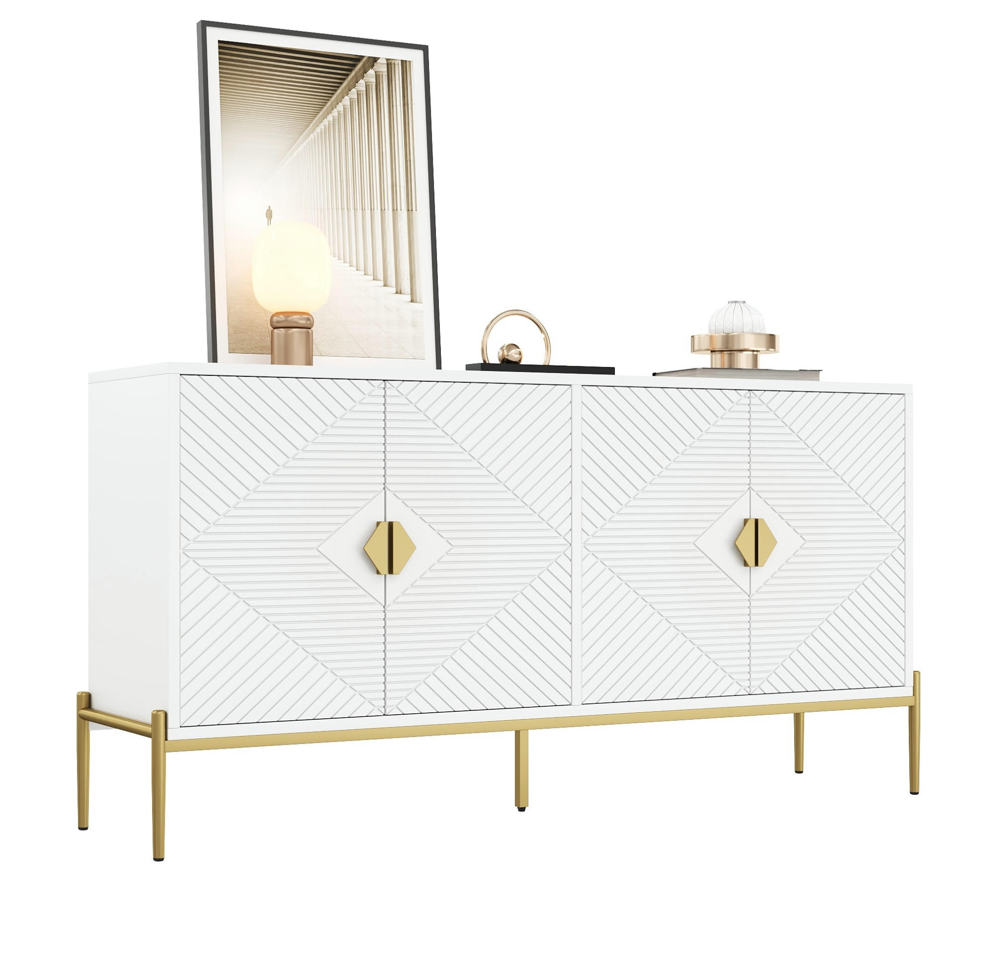 SIDEBOARD 162/40/80 cm in Weiß mit 4 Türen und goldfarbenen Metallakzenten - Weiß, Holzwerkstoff (162/80/40cm) - BEAOK