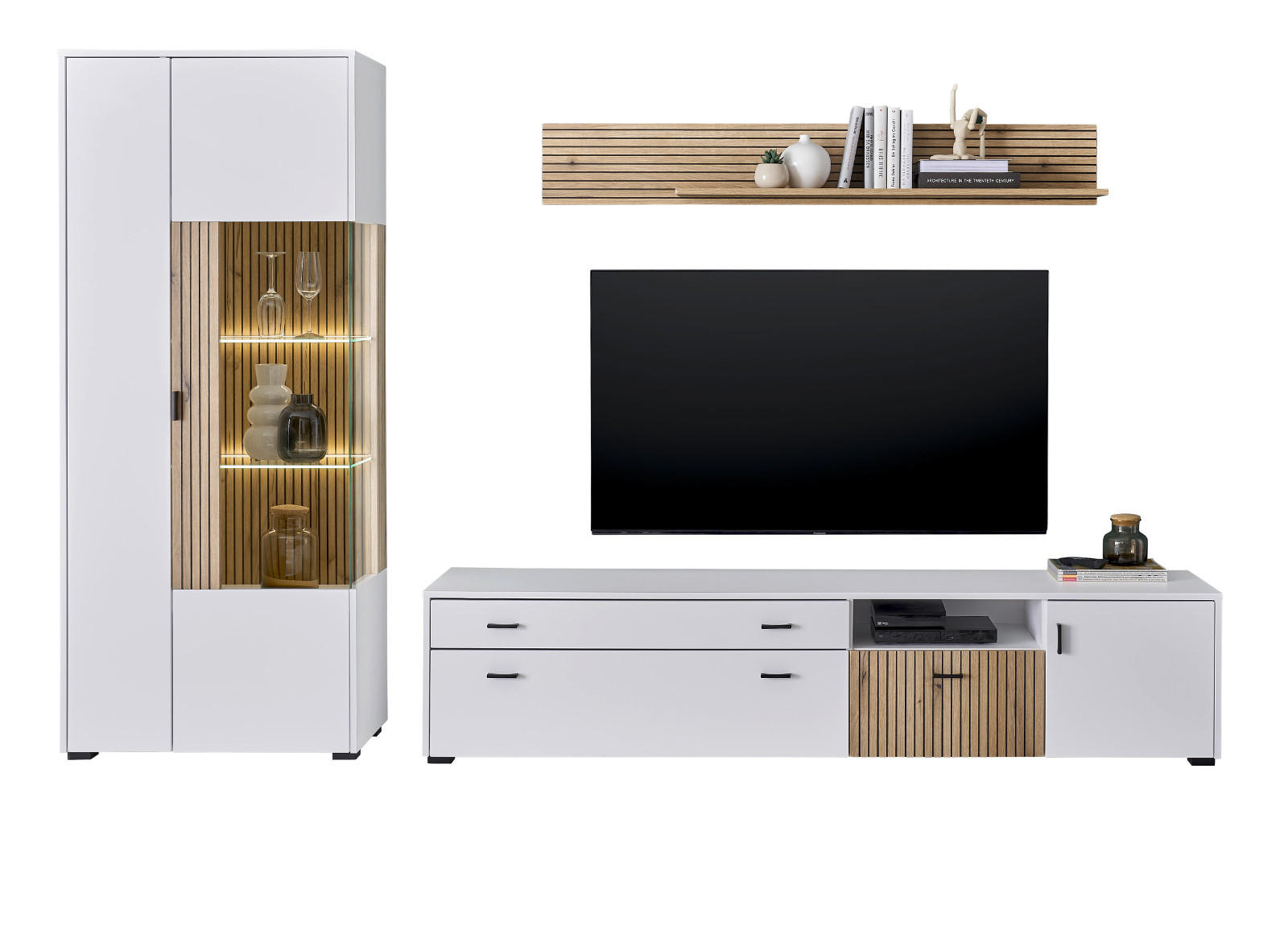 WOHNWAND weiß matt, Eiche Set 3-teilig 285 x 180 cm, Schrankwand mit Soft-Close-Funktion - Schwarz/Weiß, Glas/Holzwerkstoff (285/180/42cm) - Furn.Design