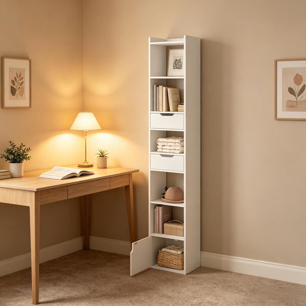 BÜCHERSCHRANK Weiß mit 2 Schubladen und 1 Tür 33/24/181 cm - Weiß, Holz (33/181/24cm) - PANGIVO