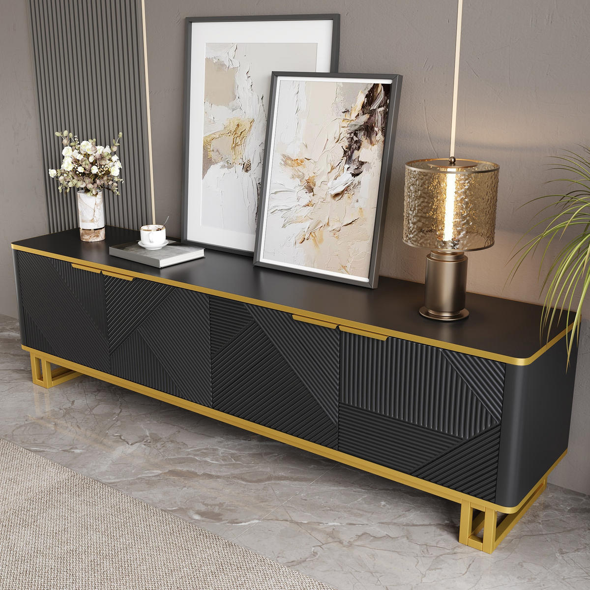 TV-ELEMENT160X37,5X48CM SchwarzGold Lowboard mit 4 Türen und Kabelmanagement - Schwarz, Holz (45.09/14.61/175.26cm) - Raelunyi