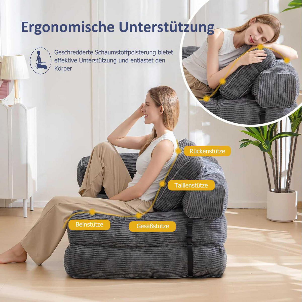 SOFA 1 Sitzer faltbar mit Armlehnen, 170x85 cm, für Wohnzimmer & Schlafzimmer,Grau - Grau, Textil (86/21/170cm)