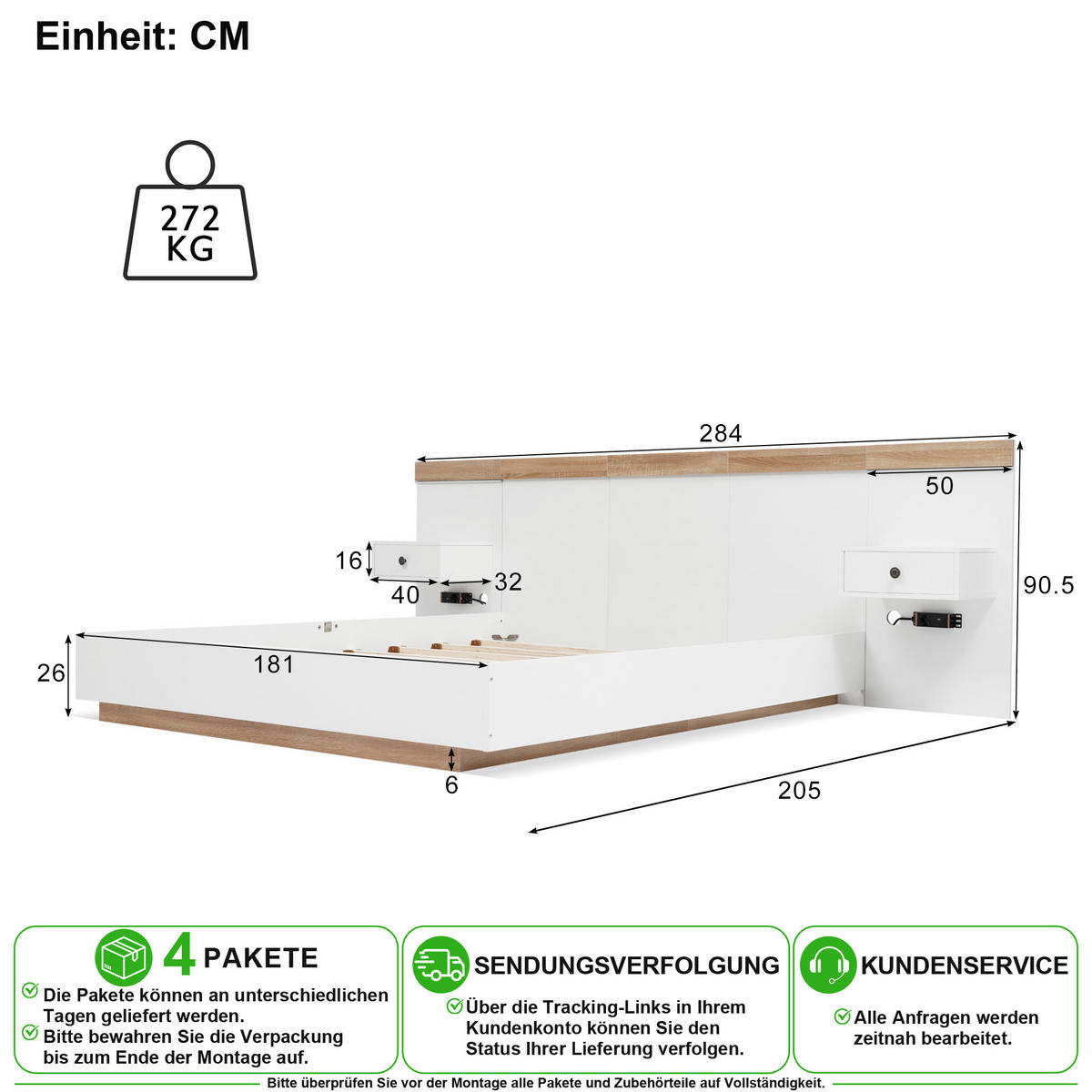 POSTEL 180/200 cm v bílé a dekoru sonomského dubu s LED osvětlením, USB a USB-C - bílá, kov/kompozitní dřevo (180/200cm) - CHICFURN