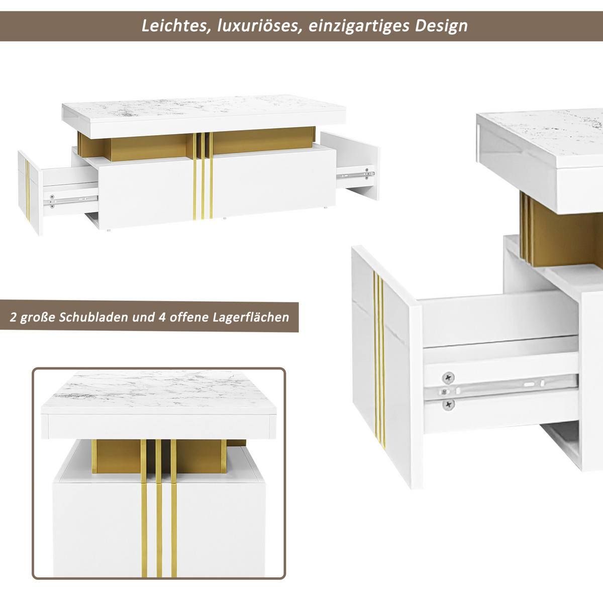 TV-ELEMENT-SET Weiß mit Marmor-Optik, Lowboard 200/40/42 cm und Couchtisch - Weiß, Holzwerkstoff (200/42/40cm) - Flora Grace