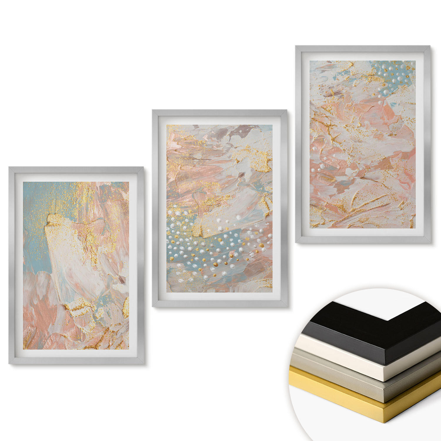 WANDBILDER 3er Set - 40x60 cm Silberner Rahmen - Abstrakte Pastellmuster - Silberfarben, Kunststoff (40/60cm) - ArtPrintCave