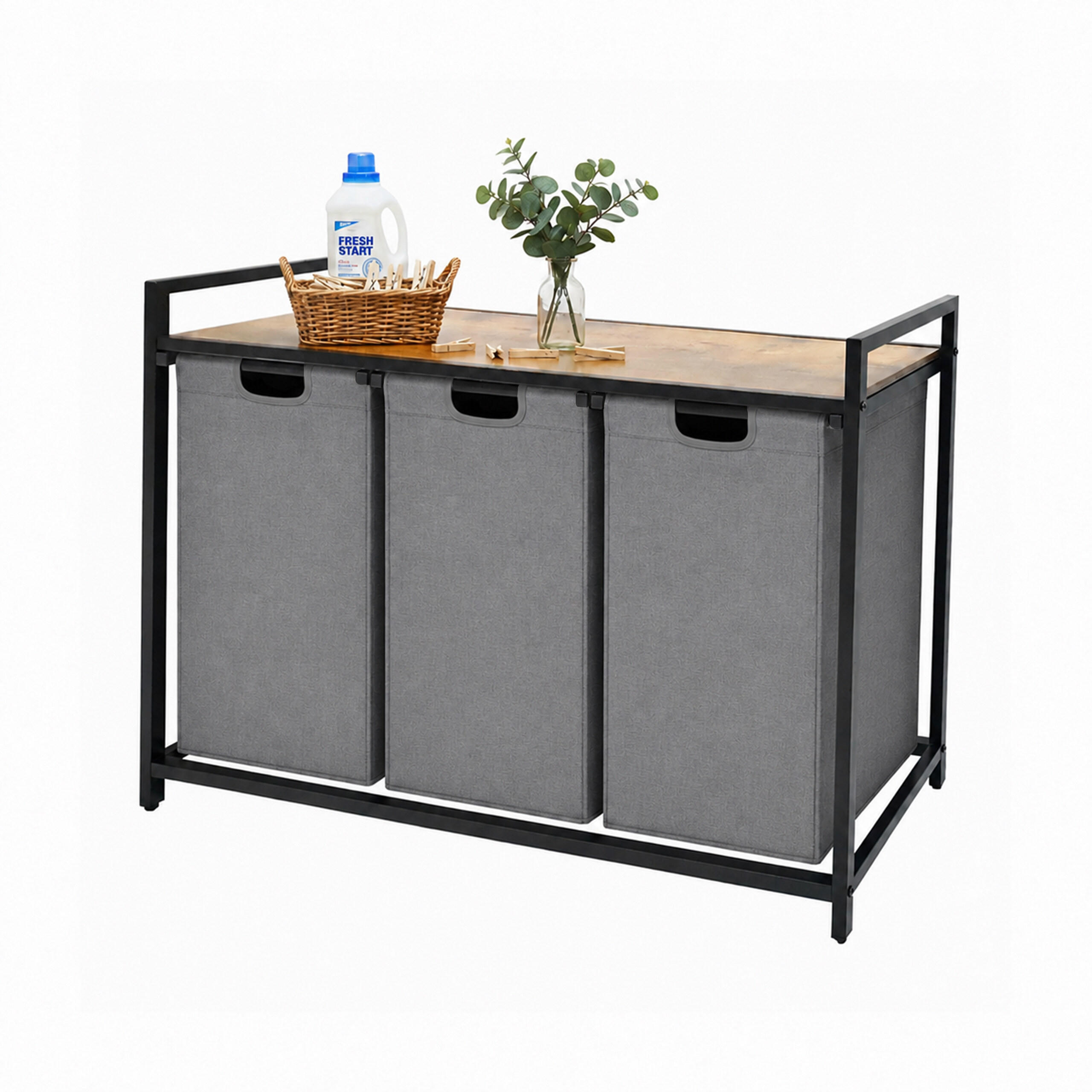 KÔŠ Sivá na bielizeň 3 priehradky s policou 73,5x109,5x33 cm - viacfarebná, kov/kompozitné drevo (109.5/73.5/33cm) - Relaxdays
