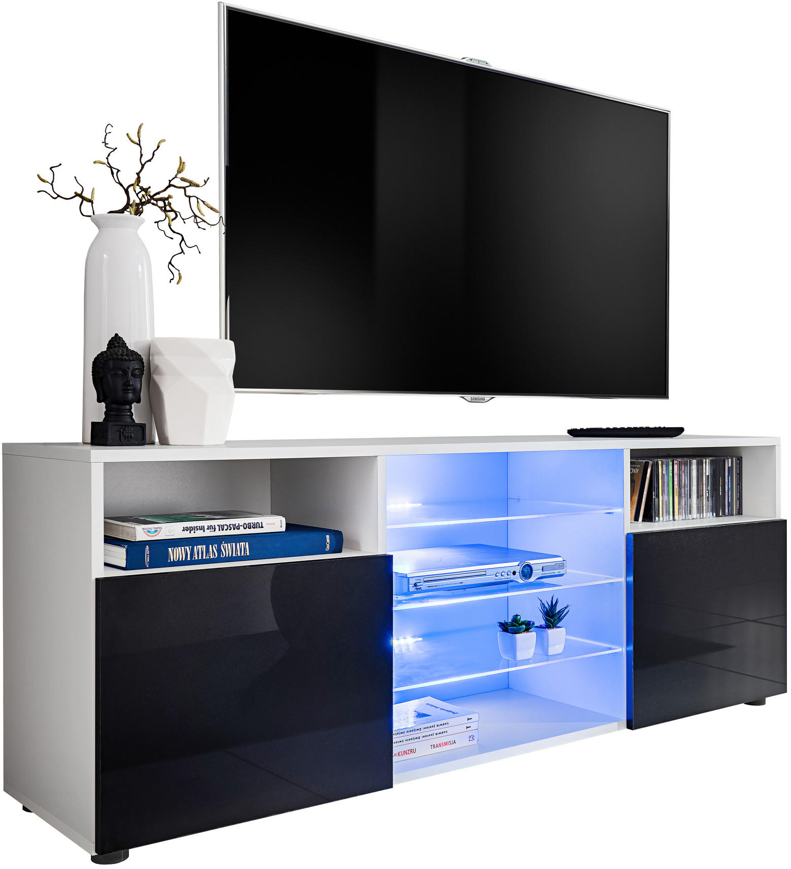 SIDEBOARD TV URBINO Weiß, Blau LED Beleuchtung - Schwarz/Weiß, Glas/Holzwerkstoff (140/53/35cm) - Komodee