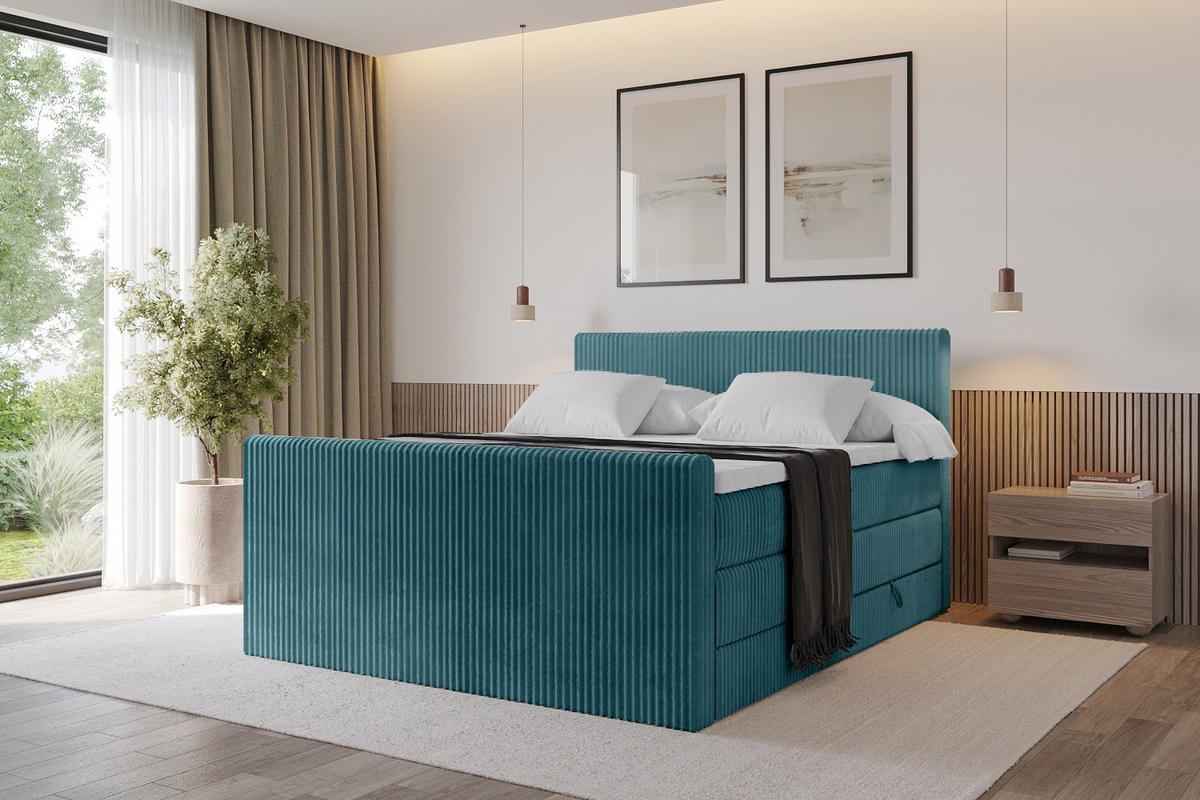 BOXSPRINGBETT mit Matratze H3|H4 und Lattenrost - TOLO-Z KING 200x200 Cord - Blau - Blau, Holzwerkstoff (200/200cm) - ALTDECOR