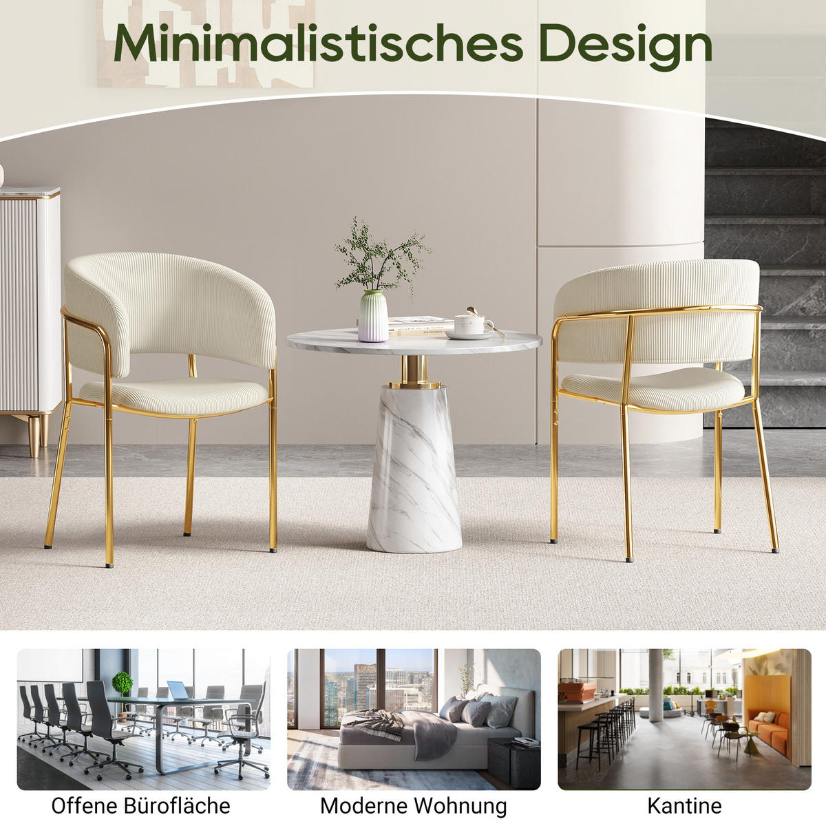ESSZIMMERSTUHL 2 Stück 55×55×80 cm aus Metall & Holz mit Cord-Bezug, beige - Beige, Metall (55/80/55cm) - Luhomfu