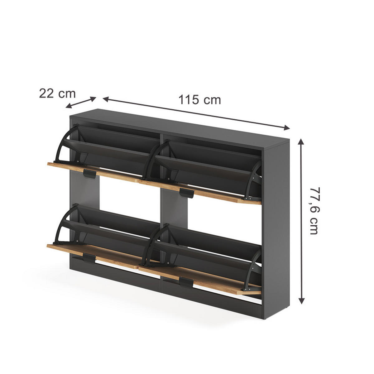SCHUHKIPPER Gizmo, Goldkraft Eiche/Anthrazit, 115 x 77.6 cm mit 2x2 Fächern - Honigeiche/Anthrazit, Holzwerkstoff (115/77.6/22cm) - Vicco