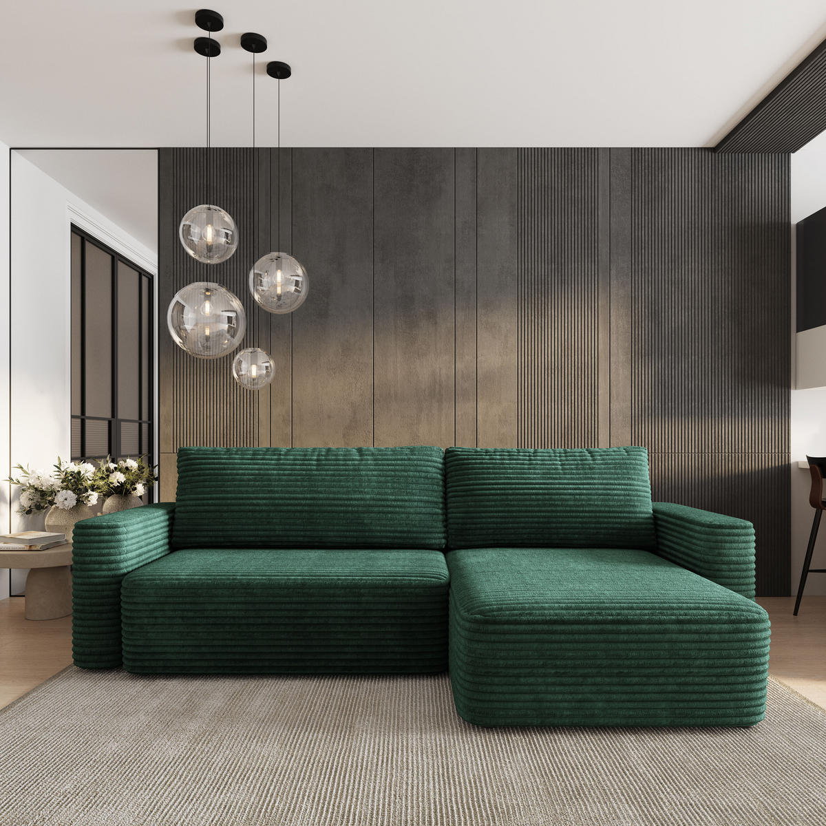 ECKSOFA TELIN Grün Kordstoff mit Schlaffunktion - Grün, Holz (280/162cm) - MASSENO