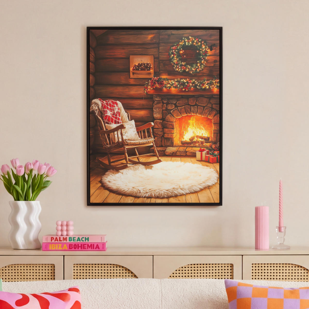 LEINWAND Bilder mit Rahmen - Winter - Weihnachten - Zuhause - Kamin - 70x100 - Bernsteinfarben, Textil (70/100cm) - MuchoWow