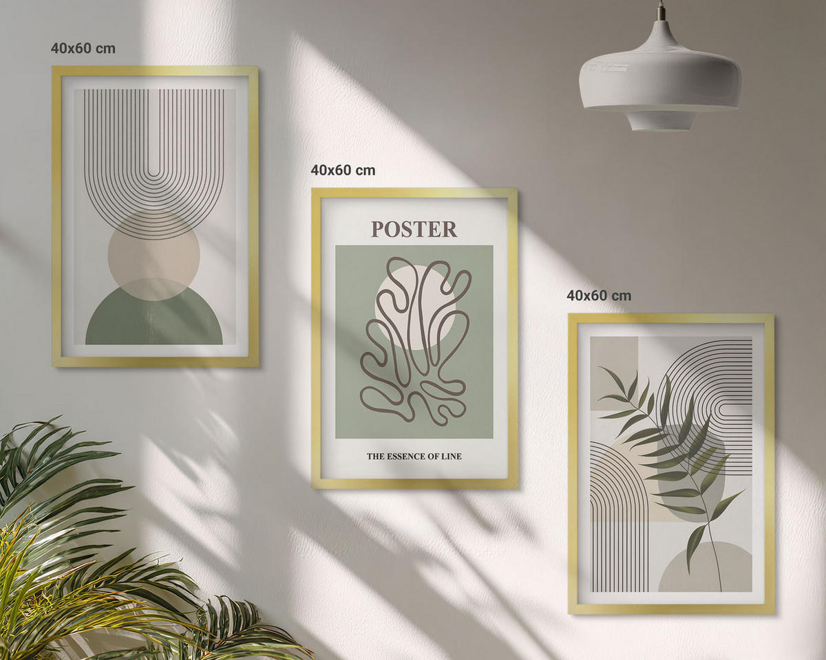 BILDER SET 3er Set - 40x60 cm Goldrahmen - Geometrische botanische Muster - Goldfarben, Kunststoff (40/60cm) - TULUP