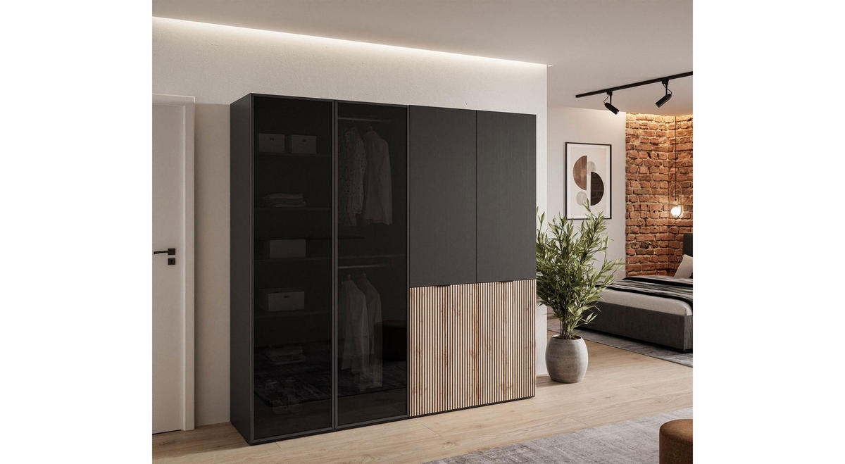 KLEIDERSCHRANK SANDBOX LOFT 200 202/49/200 cm Schwarzgraphit / Schwarzgraphit + Eiche Wotan + Schwarzes Glas ohne LED ohne Zusatzböden - Eiche Wotan/Schwarz, Holzwerkstoff/Kunststoff (202/200/49cm) - Lookway
