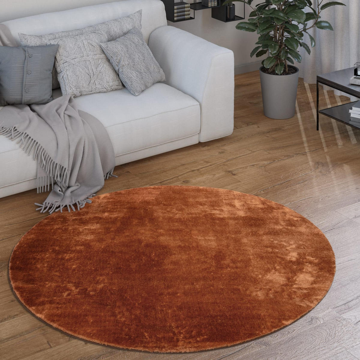TEPPICH Kurzflor waschbar Unifarben Wohnzimmer schmutzabweisend Kupfer Rund 160D - Kupferfarben, Textil (160/160cm) - KADIMA DESIGN