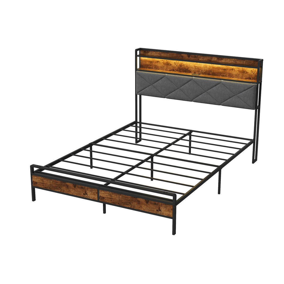 BETTGESTELL 140/200 cm grau Holz Metall mit RGB LED USB - Dunkelgrau, Holz
