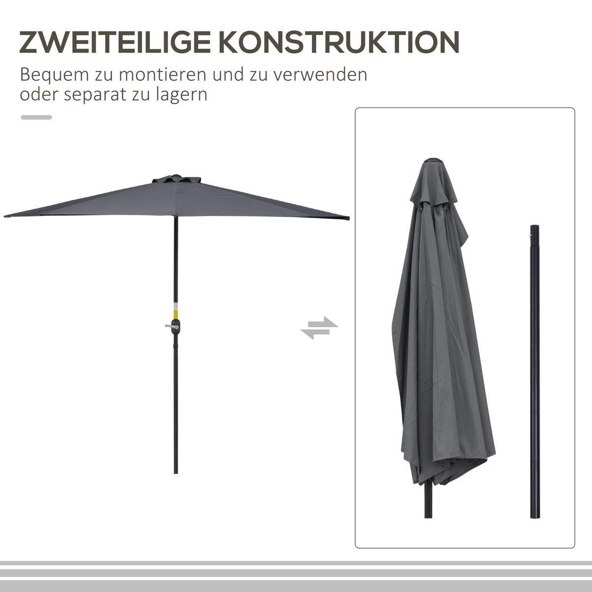 SONNENSCHIRM, Metall, Grau+Schwarz - Dunkelgrau, Metall (150/293cm) - Outsunny