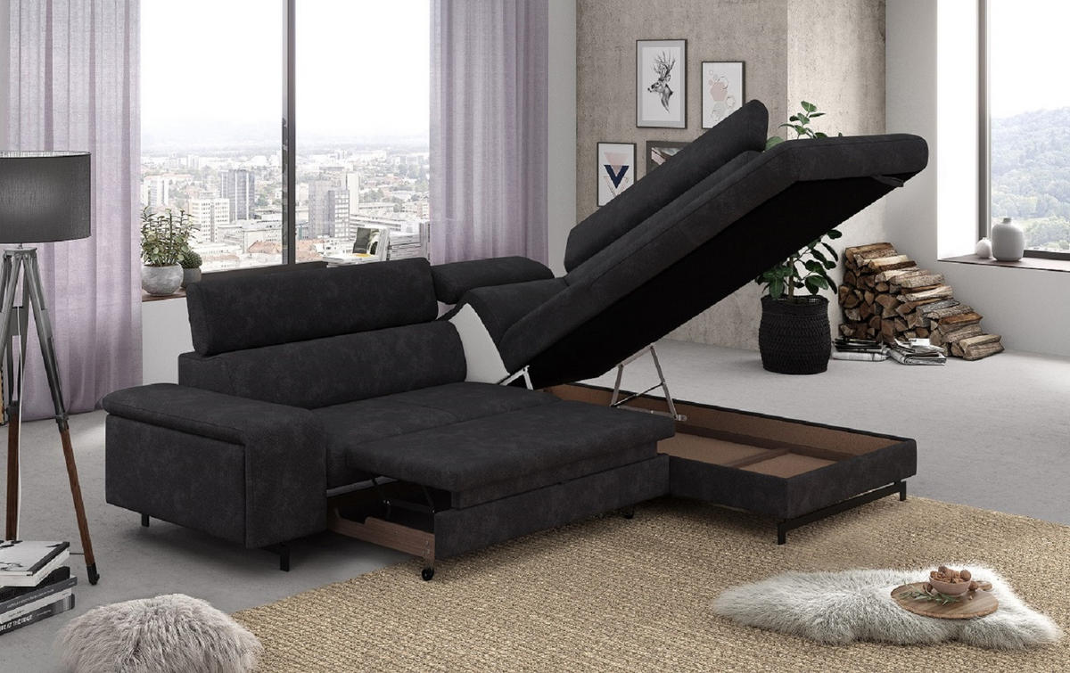 ECKSOFA mit Schlaffunktion und Bettkasten - Schwarz, Kunststoff/Textil (215/262cm) - Cotta