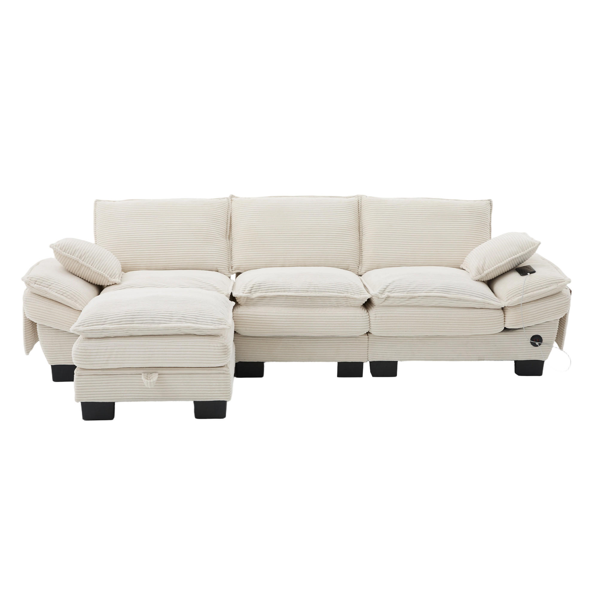 3-SITZER SOFA Cord Beige mit Hocker, USB-C und Seitentaschen - Beige, Holzwerkstoff/Kunststoff (260/132cm) - WISHDOR