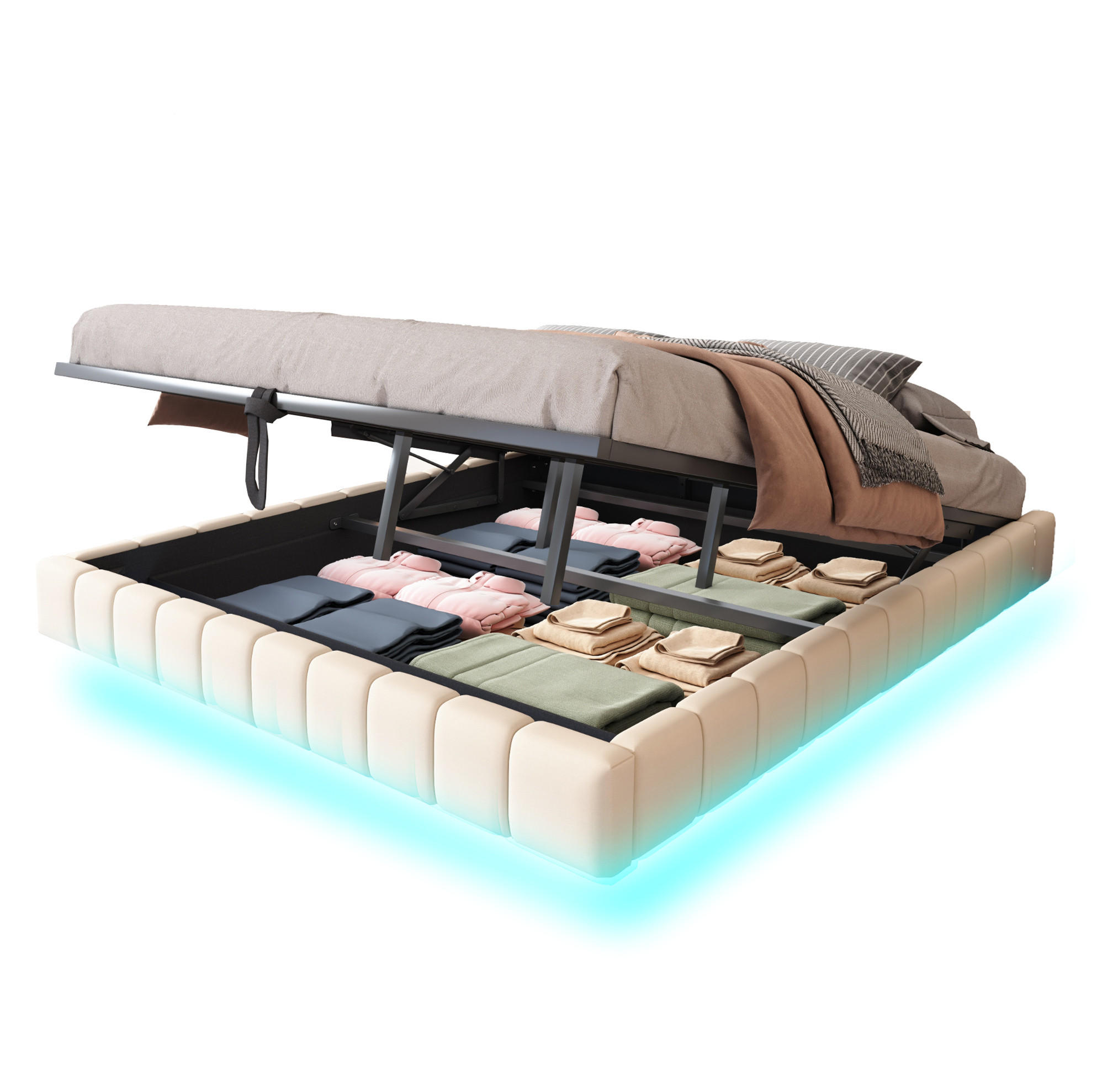 Modfu ČALOUNĚNÁ postel z lněné tkaniny 180x200 cm béžová s LED osvětlením a hydraulickým úložným prostorem, plovoucí vzhled