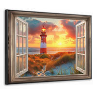 LEINWAND Bilder mit Rahmen - Aussicht - Fenster - Leuchtturm - Sonnenuntergang - Strand - 70x50 - Dunkelorange, Textil (70/50cm) - MuchoWow