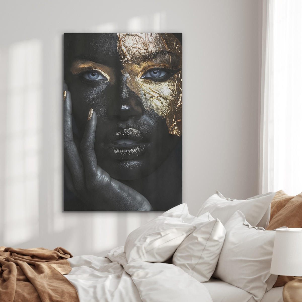 AKUSTIKBILD Frau - Gold - Porträt - Schwarz-Weiß - Luxus Wanddeko 60x90 cm - Hellblau, Kunststoff (60/90/0.9cm) - MuchoWow