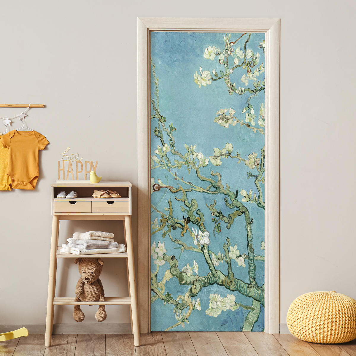 NÁLEPKA NA DVERE Mandľový kvet - Van Gogh - Umenie 90x235 cm - pastelová modrá, plast (90/0.1cm) - MuchoWow