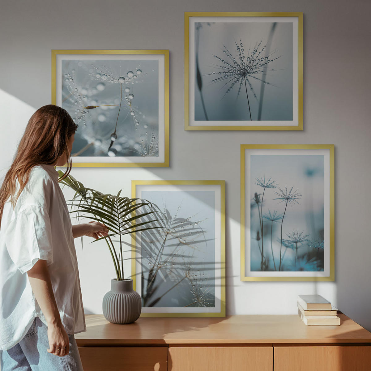 WANDBILDER 4er Set - 50x50 cm & 40x60 cm Goldrahmen - Löwenzahn-Wassertropfen - Goldfarben, Kunststoff (50/50cm) - ArtPrintCave