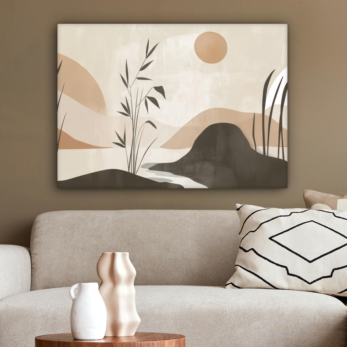 LEINWANDBILD Japandi - Landschaft - Beige Wandbilder 80x60 cm - Cognac, Textil (80/60cm) - MuchoWow