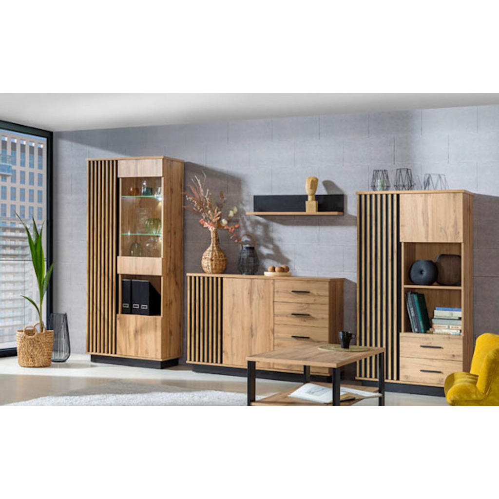 Thumbnail - Feldmann-Wohnen Wohnwand, Braun, Schwarz, Holz, 12 Fächer, 6 Schubladen, Rechteckig, 321x193x40 cm, Wohnzimmer, Wohnwänd...