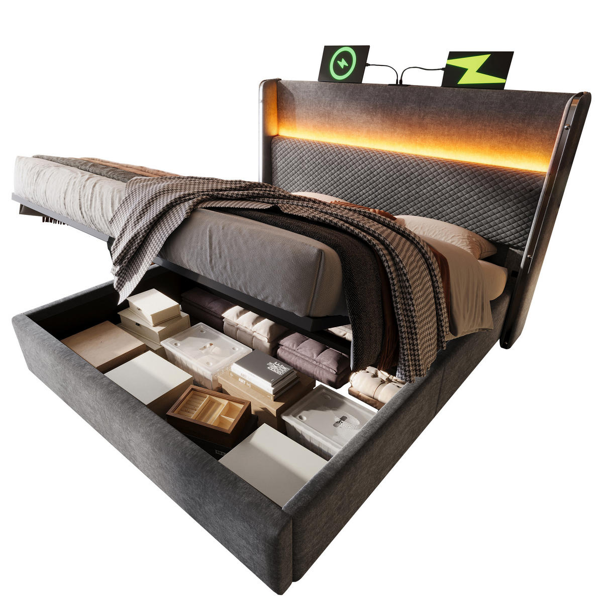ČALÚNENÁ posteľ z ľanu 180x200 cm sivá s LED osvetlením, USB/Type-C nabíjaním a hydraulickým úložným priestorom - sivá, textil (180/200cm) - Modfu