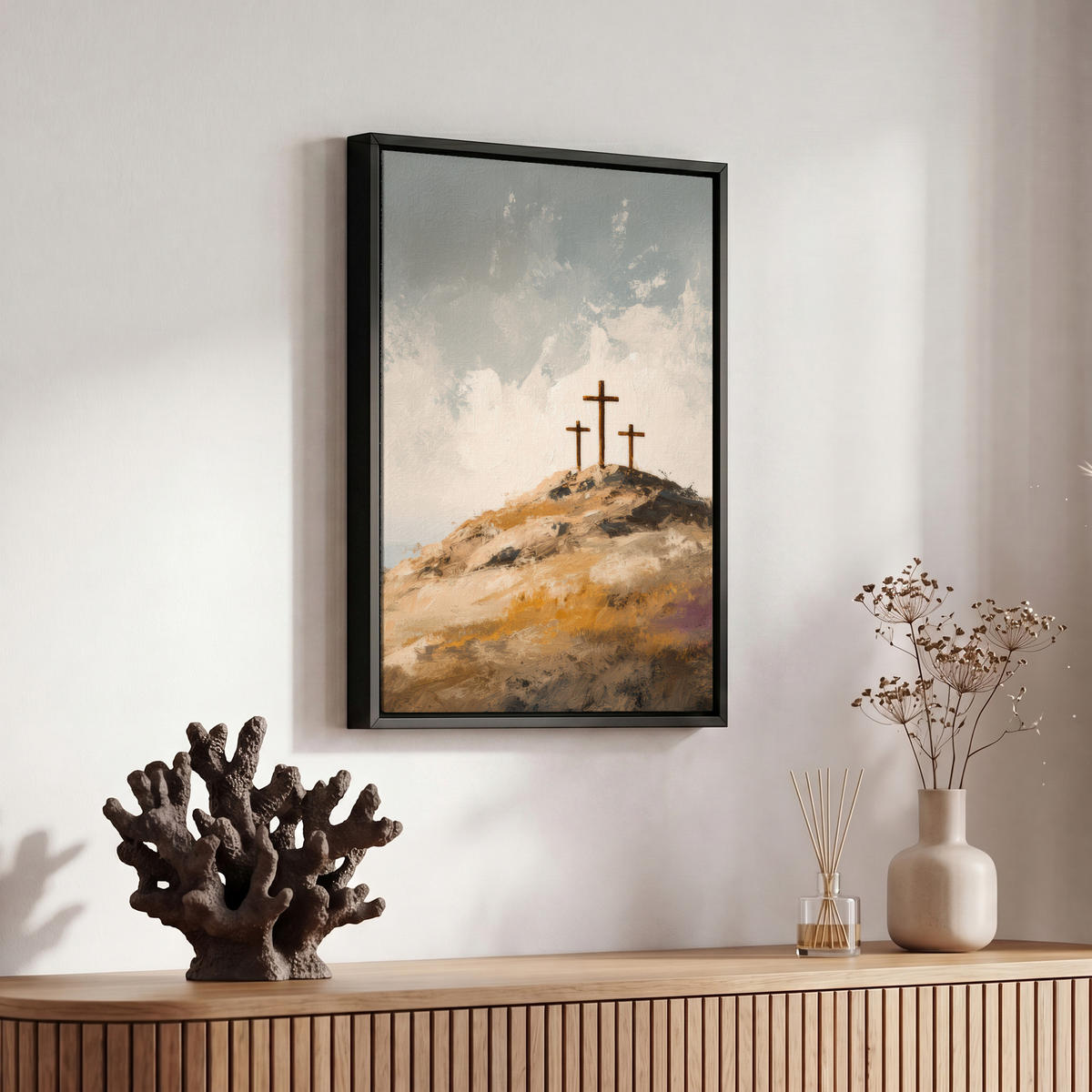 LEINWAND Bilder mit Rahmen - Hügel - Abstrakt - Christentum - Kreuz - 20x30 - Hellgrau, Textil (20/30cm) - MuchoWow