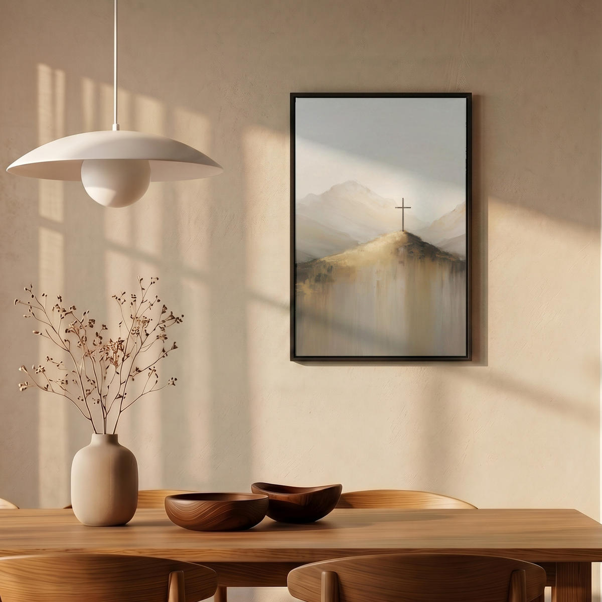 LEINWAND Bilder mit Rahmen - Hügel - Abstrakt - Kreuz - Christentum - 40x60 - Beige, Textil (40/60cm) - MuchoWow