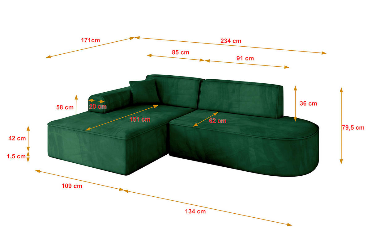 ECKSOFA Ottomane Links IREA-L1-v3 - 234x171x79 cm Grün - Grün, Holzwerkstoff/Textil (234/171cm) - ALTDECOR