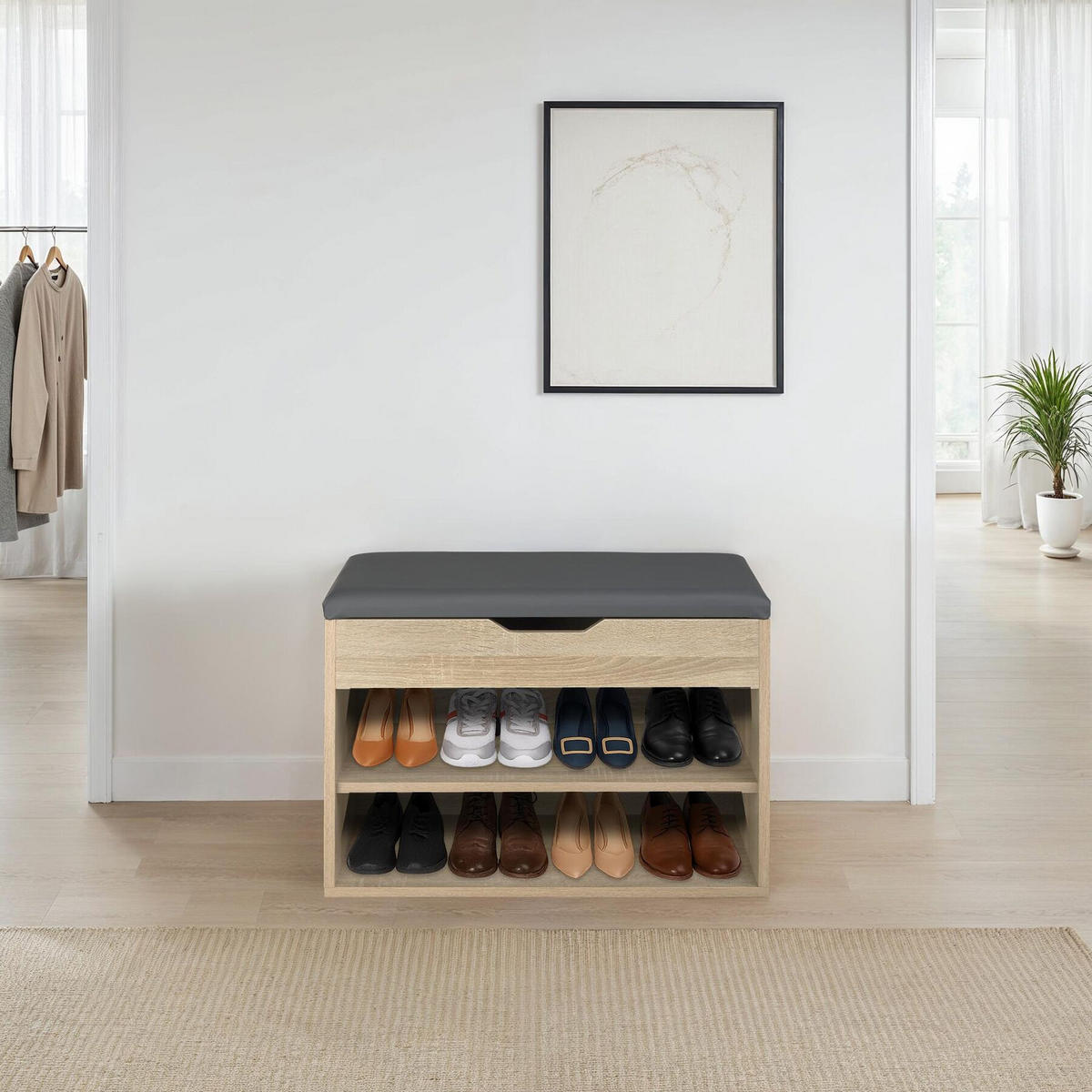SCHUHBANK Jasmina,60 x 30 x 43,5 cm,Holz hell, Eiche Sonoma - Eiche Artisan, Holz (30/43.5/60cm) - tectake