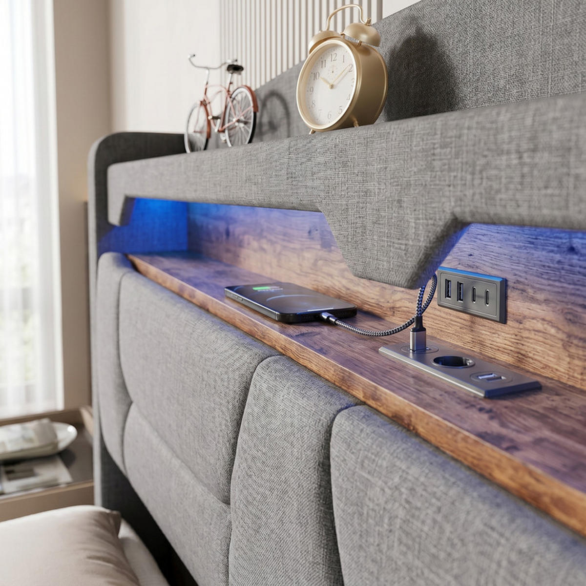 POLSTERBETT 140/190 cm hellgrau mit Stauraum, LED und USB - Grau, Holz