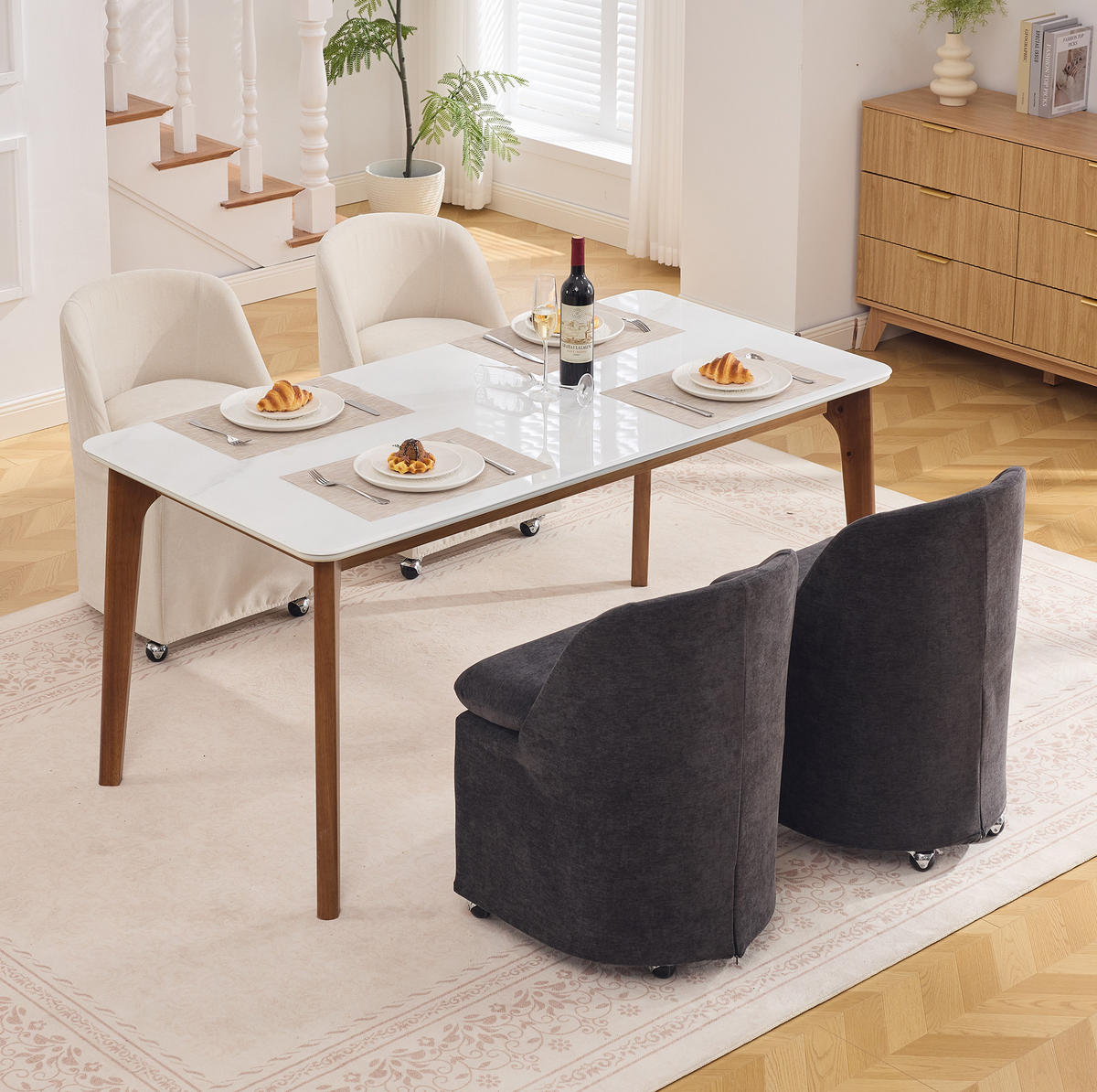 ESSZIMMERSTUHL 2er-Set mit Rollen Beige Chenille - Beige, Metall (53/78.5/53.5cm) - Meubliv