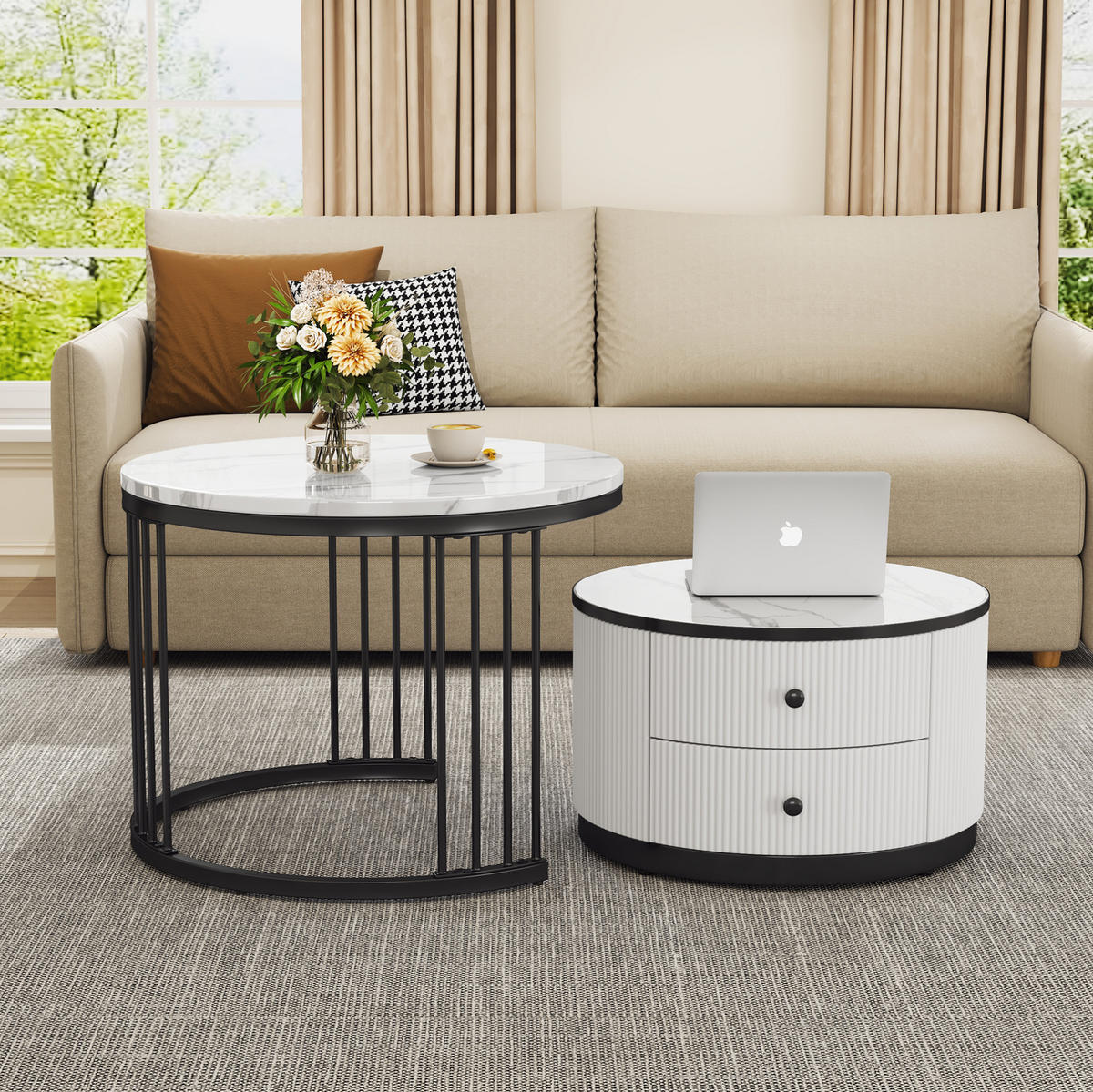 COUCHTISCH-SET aus MDF 60x60x45,5 cm und 50x50x32 cm Weiß+Schwarz mit 2 Schubladen - Weiß, Holzwerkstoff (60/60/45cm) - IVMEU
