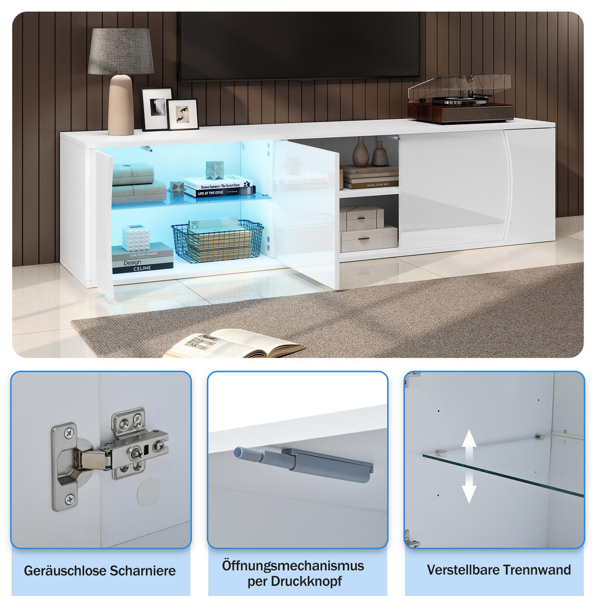 LOWBOARD in Weiß mit LED-Beleuchtung für Wohnzimmer, B180/T40/H45cm - Weiß, Glas/Holzwerkstoff (180/45/40cm) - STILVORA