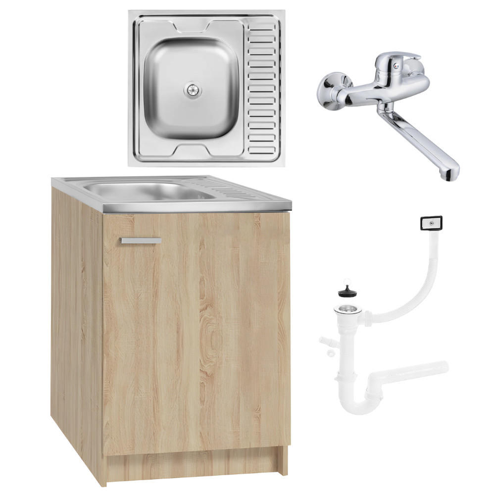 SPÜLUNTERSCHRANK 60cm mit Spüle + Armatur + Siphon Sonoma-Eiche - Sonoma Eiche, Holzwerkstoff (60/82/50cm) - Stamar