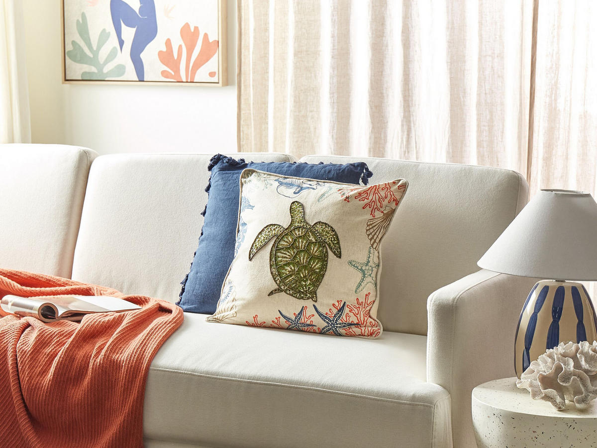 DEKOKISSEN Beige 45/45 cm Algae - Blau/Beige, Textil (45/45/10cm) - Beliani