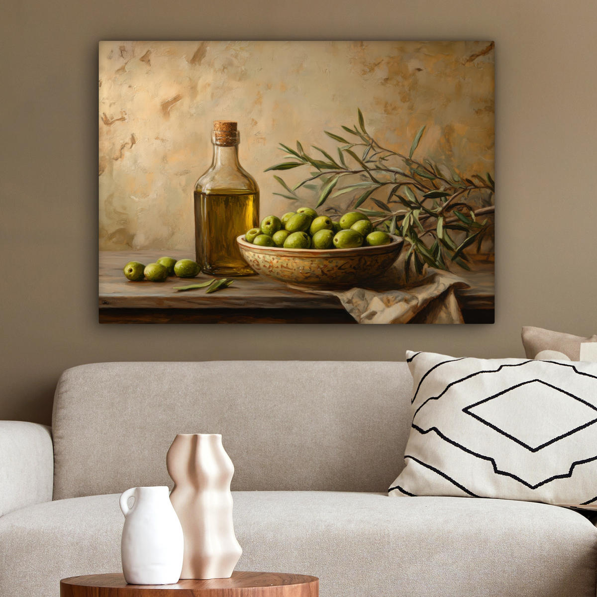 LEINWANDBILD Oliven - Stilleben - Vintage Wandbilder 80x60 cm - Olivgrün, Textil (80/60cm) - MuchoWow