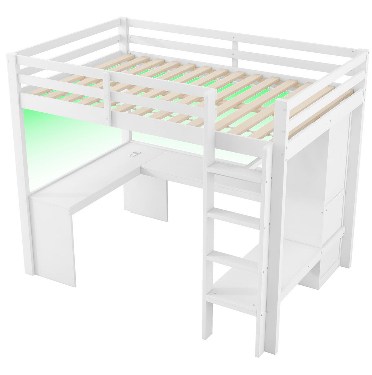 HOCHBETT 140/200 cm mit Schreibtisch, LED, USB, Regalen aus Massivholz und MDF, Weiß - Weiß, Holzwerkstoff (140/200cm) - Redom