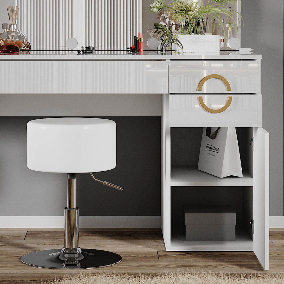 SCHMINKTISCH Adela Weiß 115 cm mit LED Beleuchtung und Hocker - Weiß, Holzwerkstoff (115/76.4/55cm) - Vicco