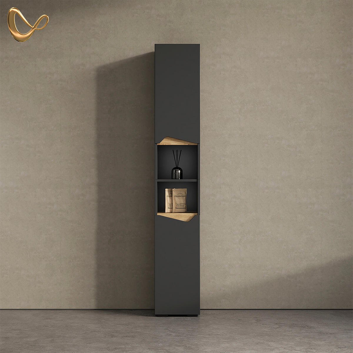 BADSCHRANK Timavo Anthrazit 30 x 180 cm mit Türen, und offenen Fächern - Anthrazit, Holzwerkstoff (30/180/35cm) - Livinity®