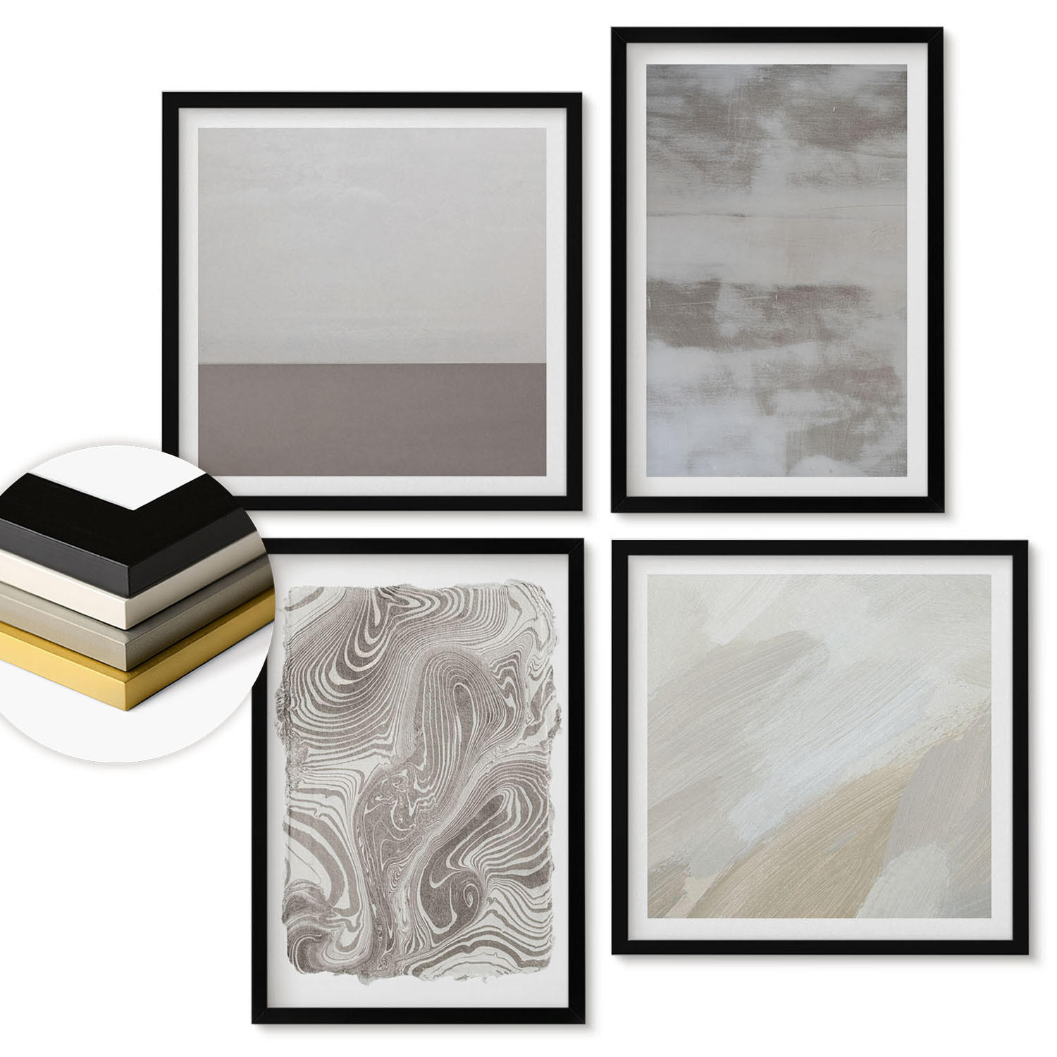 WANDBILDER 4er-Set - 50x50 cm & 40x60 cm Schwarzer Rahmen - Industriedesignstrukturen - Schwarz, Kunststoff (50/50cm) - ArtPrintCave