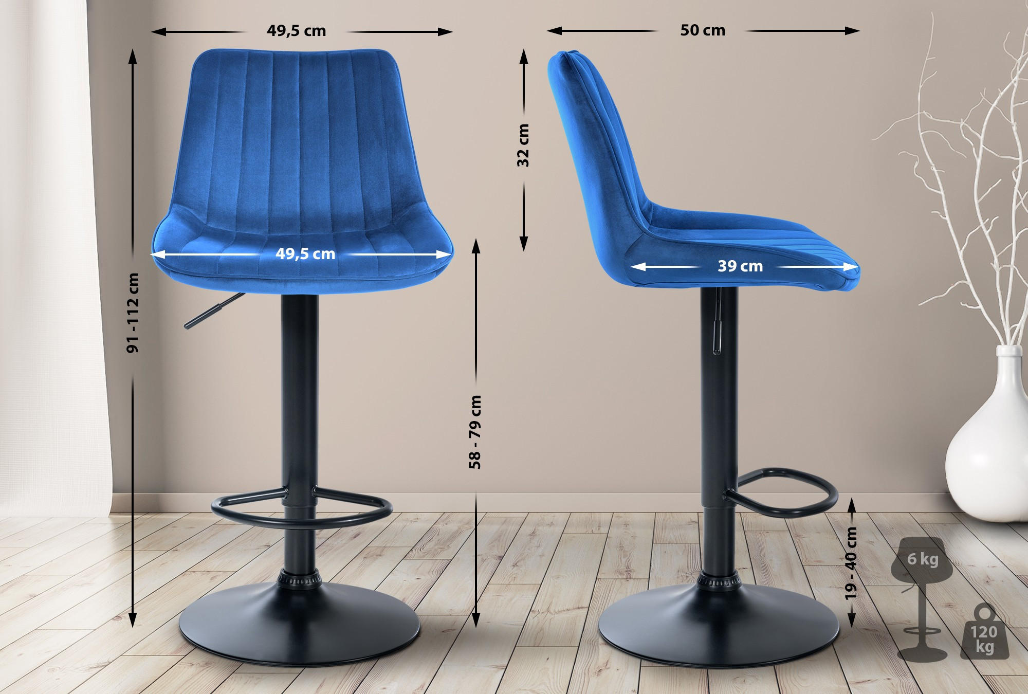 BARHOCKER RIO Blau Samt Schwarz - Blau, Textil/Metall (49.5/91/50cm) - DELUKE