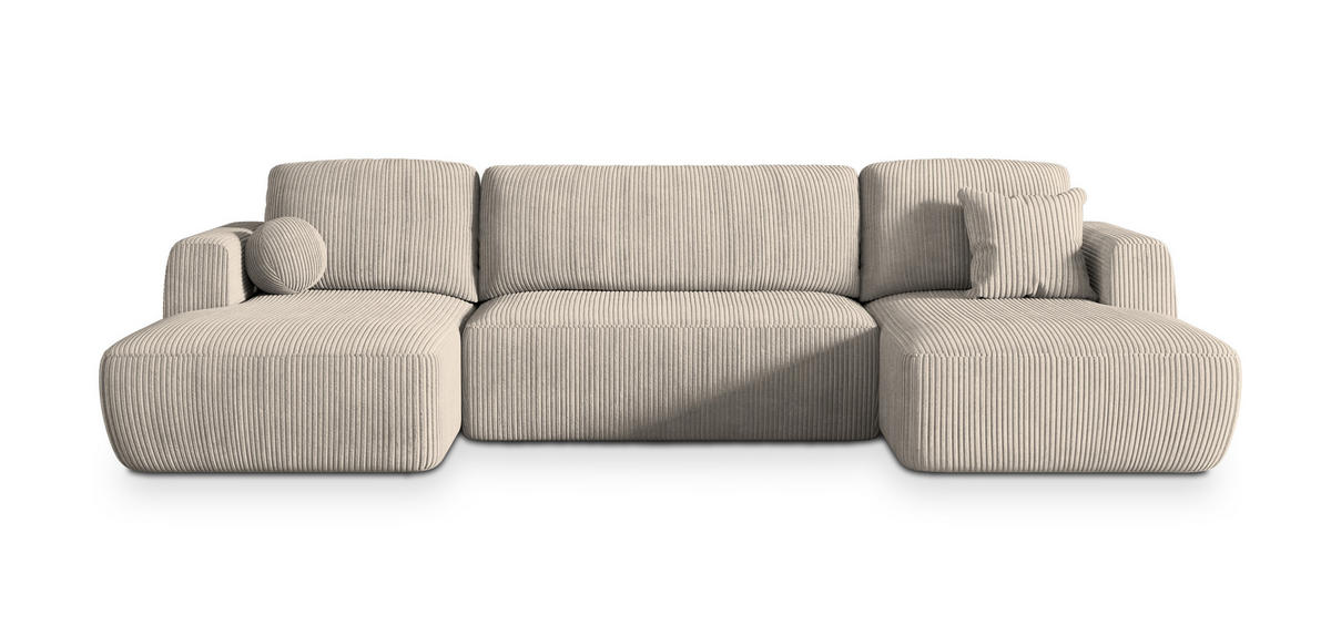 WOHNLANDSCHAFT SENTUM P Creme Kordstoff mit Schlaffunktion - Creme, Holz (330/90/148cm) - MASSENO