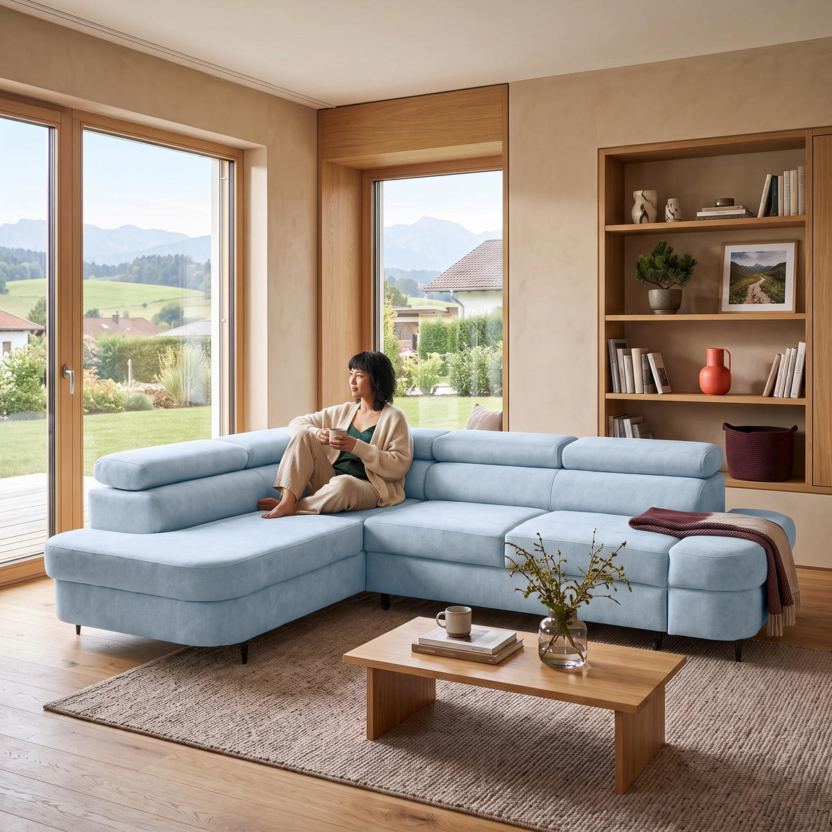 ECKSOFA PRIAM L Links mit Schlaffunktion 125x195 Velours Hellblau - Schwarz/Hellblau, Holz/Textil (203/275cm) - Muffo